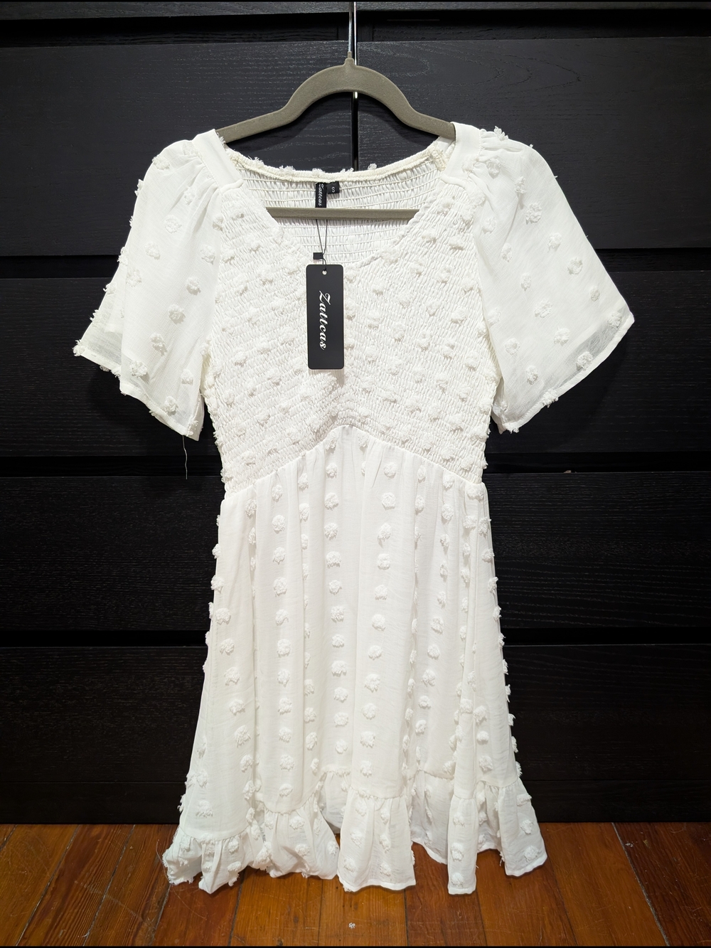 Zelluca White Mini Dress with Textured Dot Detail